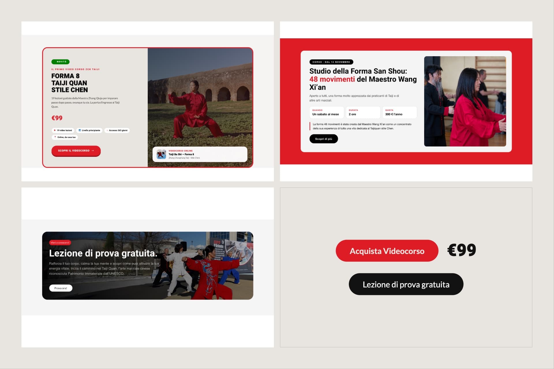 Componenti dell’interfaccia: card dei corsi, banner della lezione di prova, pulsanti