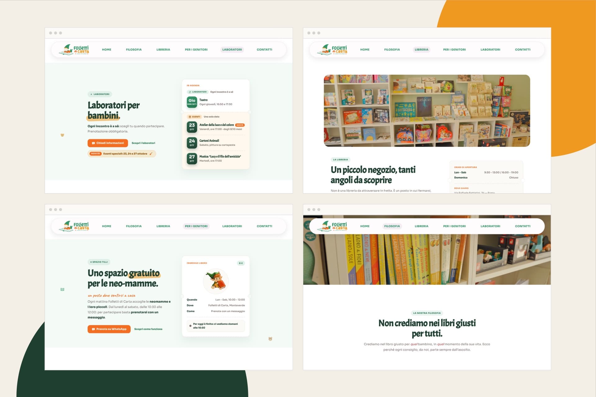 Pagine interne: Laboratori, Libreria, Per i genitori e Filosofia