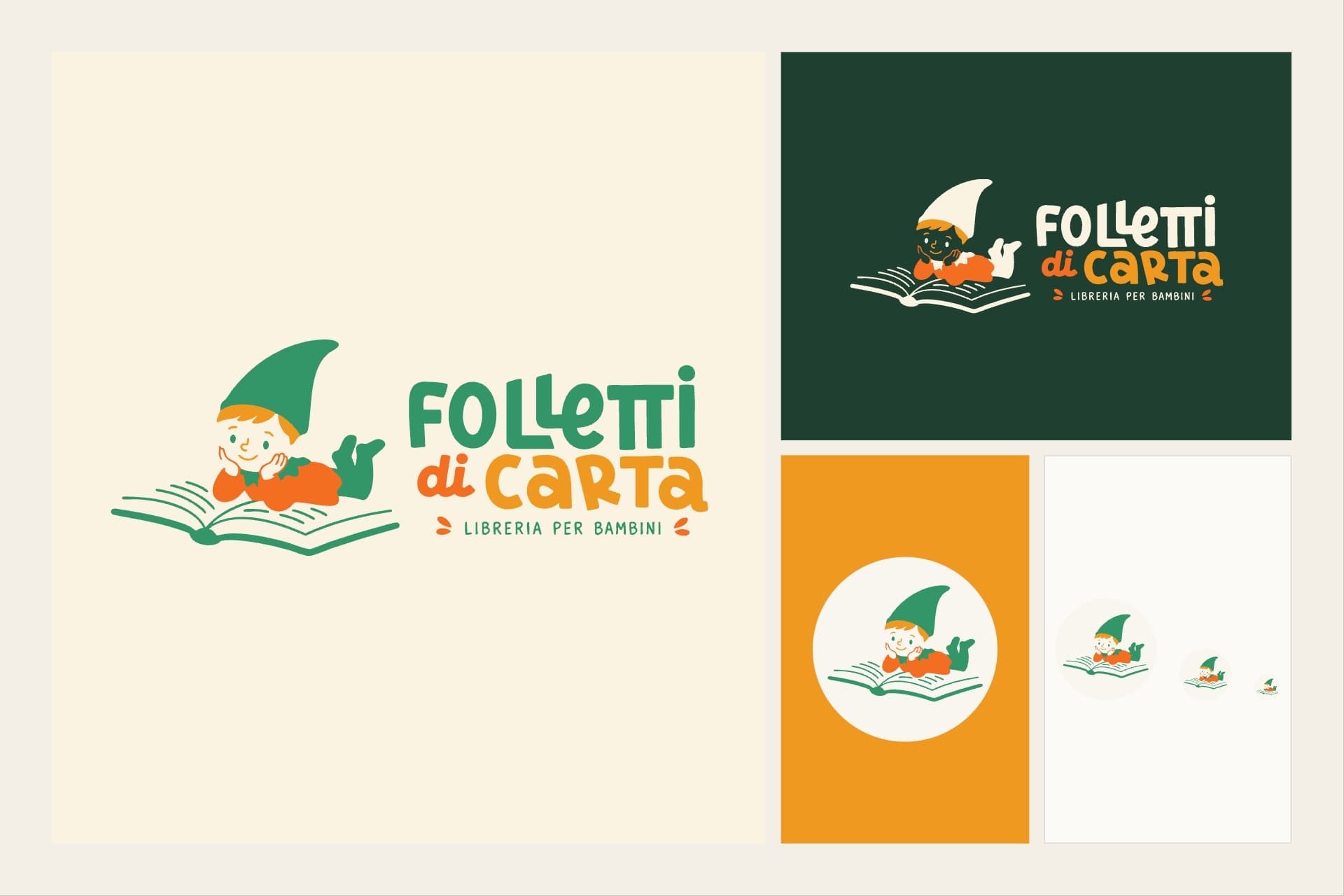 Varianti del logo Folletti di Carta: principale, in negativo, pittogramma e favicon
