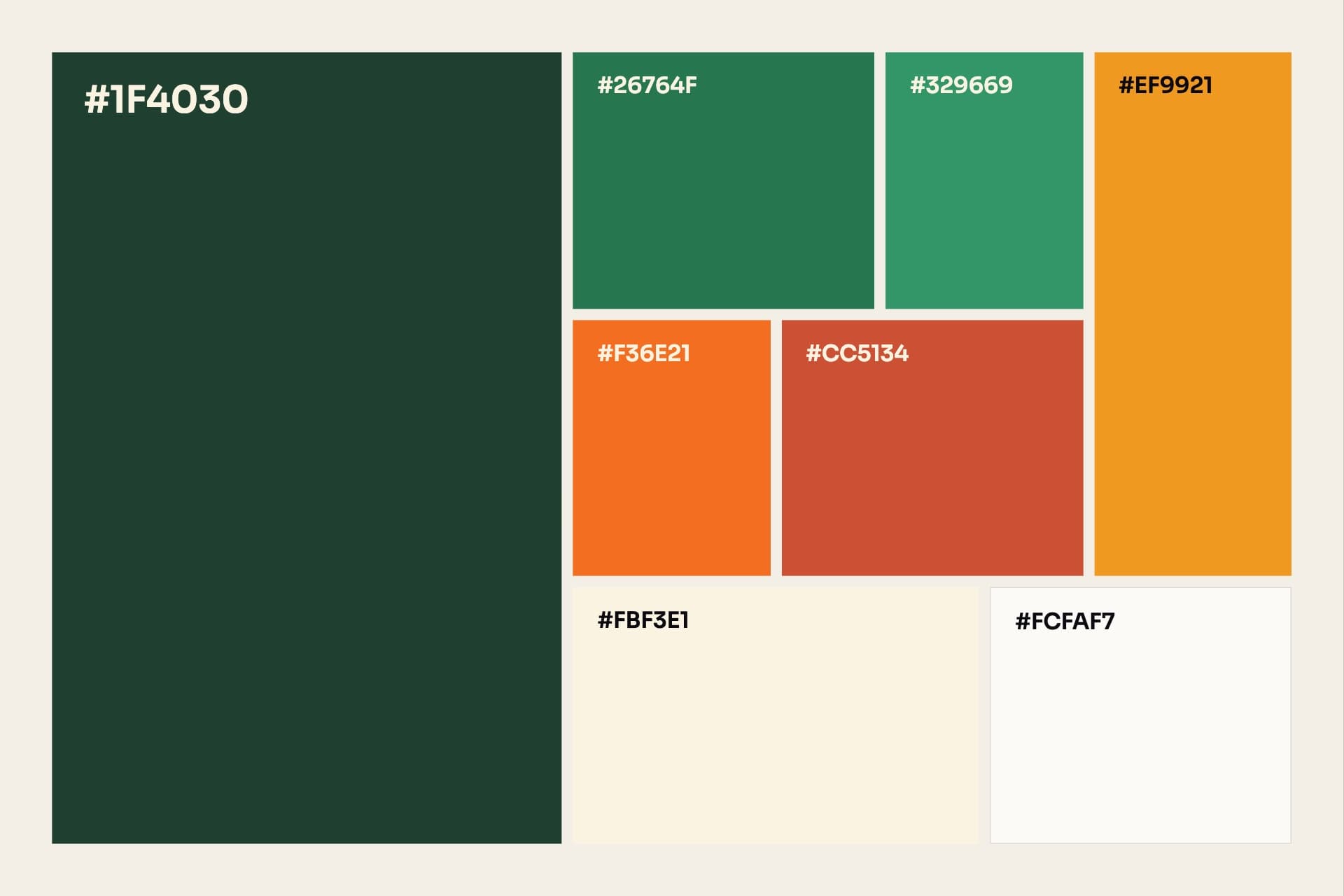 Palette colori di Folletti di Carta: verdi, aranci, rosso e crema