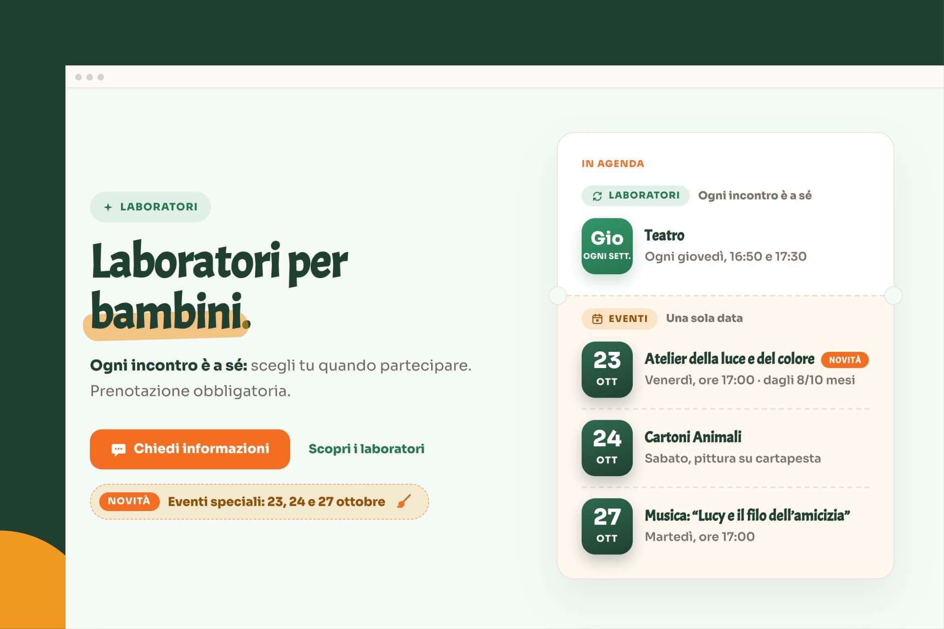 Dettaglio della pagina Laboratori con l’agenda degli incontri